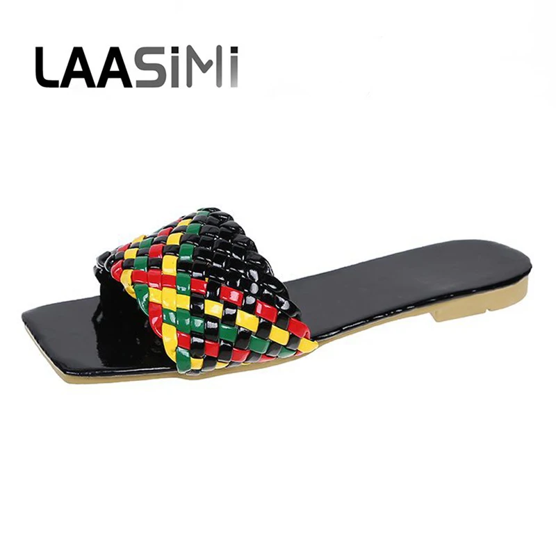 

LAASIMI Women Weave Nixed Colors Sandals Slides for Ladies Shallow Flat With Slippers Outside Summer Shoes Woman Square Toe Shoe