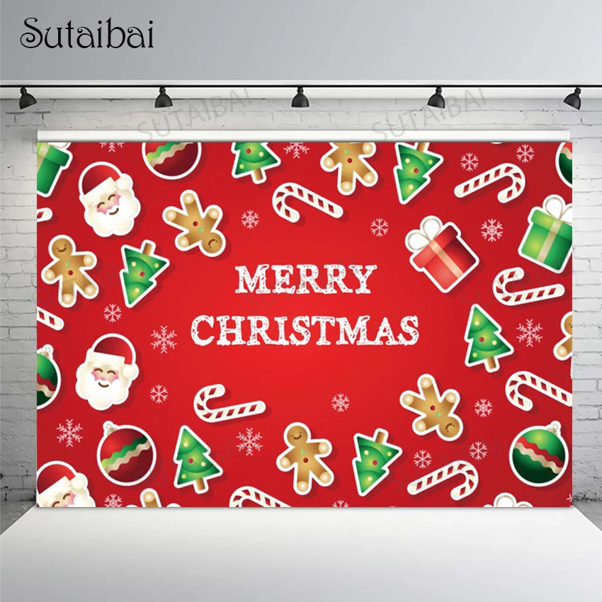 

Merry Christmas Backdrop Santa Claus Gingerbread Man Xmas Tree Snowflake Red Photography Background Child Famliy Portrait Decor
