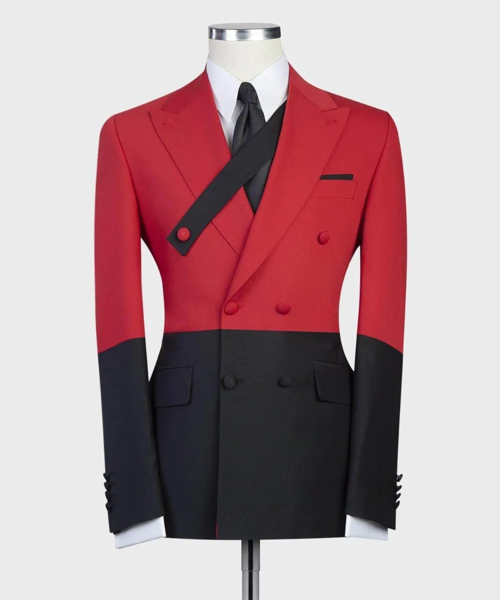 2021 Tailor Made Men Suit With Pants Costume Blazer Two Pieces Red Black Double Breasted Slim Fit Wedding Party Groom Tuxedo