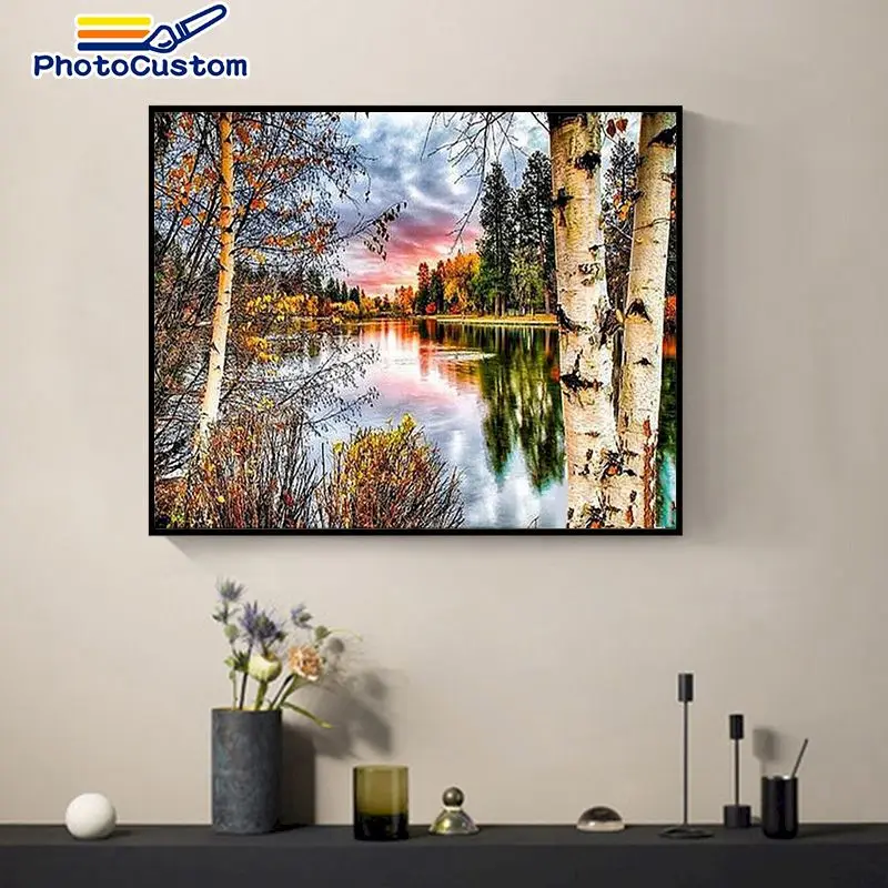 

PhotoCustom Painting By Numbers Tree lake Landscape HandPainted Drawing on Canvas Kits DIY Home Decor Coloring Number Gift