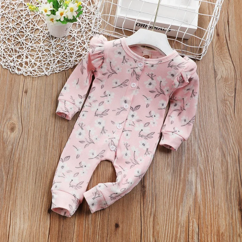 

Infrant Baby Autumn Button Round Collar Long Sleeves Floral Print Girls Jumpsuit Climb Soft Romper