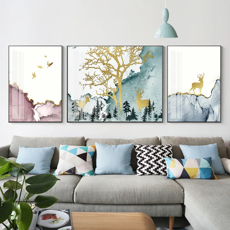 

Современная абстрактная картина золотого оленя в лесу, 3 шт., настенное искусство, розовое полотно, скандинавский постер для гостиной, спаль...