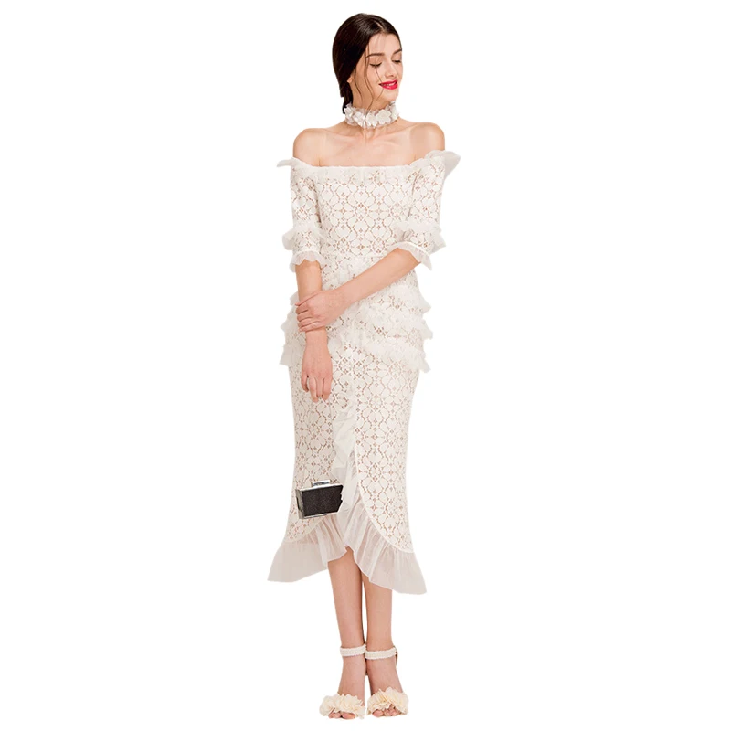 

tulle frill ruffle white lace party dress off the shoulder half sleeve fishtail sexy bodycon women midi dress ladies lace dress