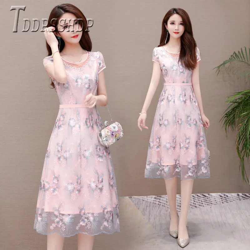 Женское платье с коротким рукавом голубое и розовое круглым вырезом 2019|Женские