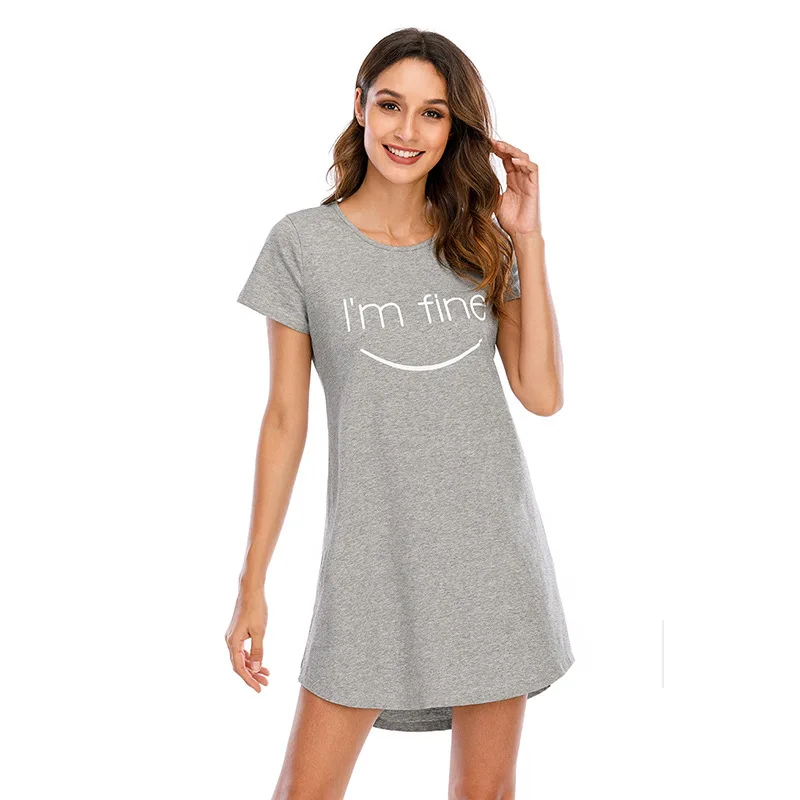 

Summer Women Sleepwear Plus Size Home Service Mini Night Dress o Neck Pajamas Letter Cartoon Short Sleeve Solid Color Nightdress