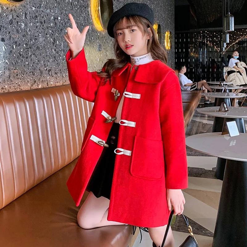 

Spring Fall Girl Fashion Elegant Solid Color Coat Kids Casual Horn Button Overcoat Teenage Daily Simplicity Mid-length Outerwear