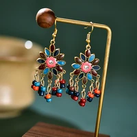 bohemian ethnic flower ladies earrings womens jhumka vintage alloy carved beads tassel dangle earrings indian jewelry