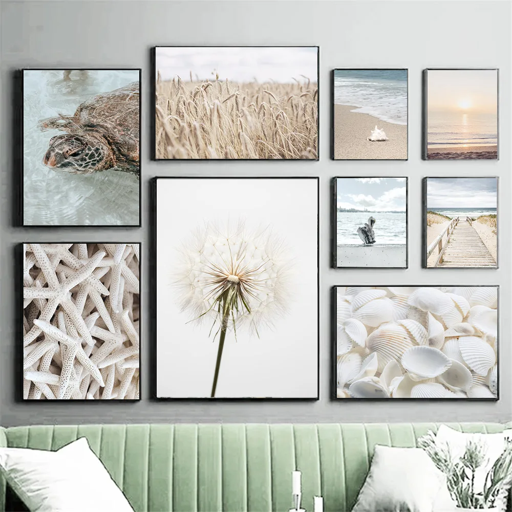

Summer Travel Landscape Wall Art Poster Beach Conch Starfish Tortoise Art Print Dandelion Plant Tree Canvas Painting Home Decor