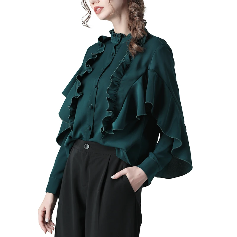 

Fashion Women Ruffles Shirt Loose Plus Size Butterfly Sleeve Stand Neck Solid Color Tops And Blouses 2020 Spring Korean Shirts