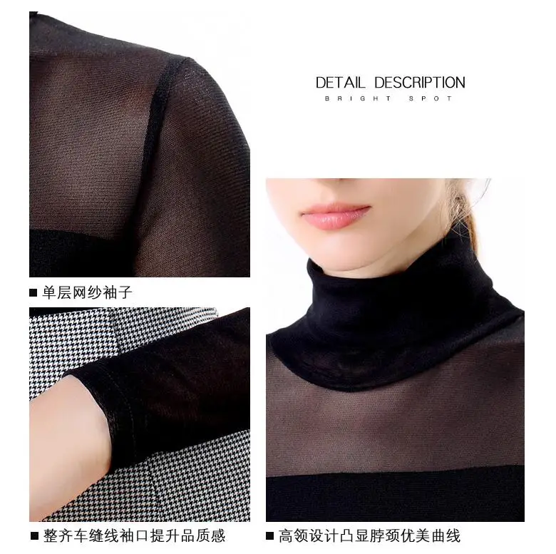 2019 весна осень черная сетка пэчворк Сращивание футболка женская с длинным