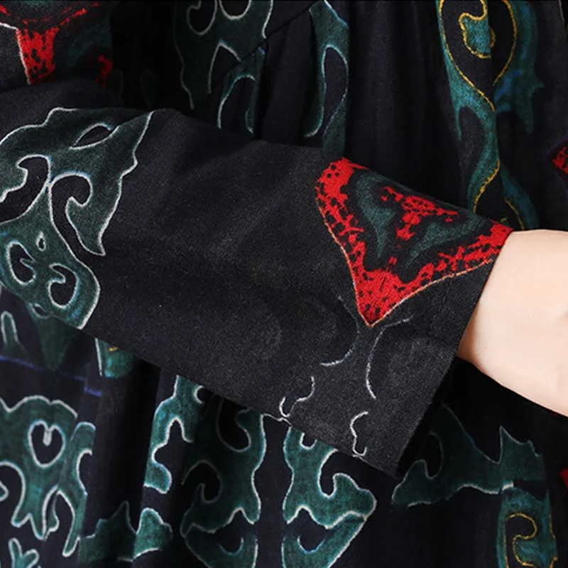 

Johnature Casual Fashion Vintage V-neck Floral Print Cotton Linen Female Dress 2021 Autumn New Loose Plus Size Women Dresses