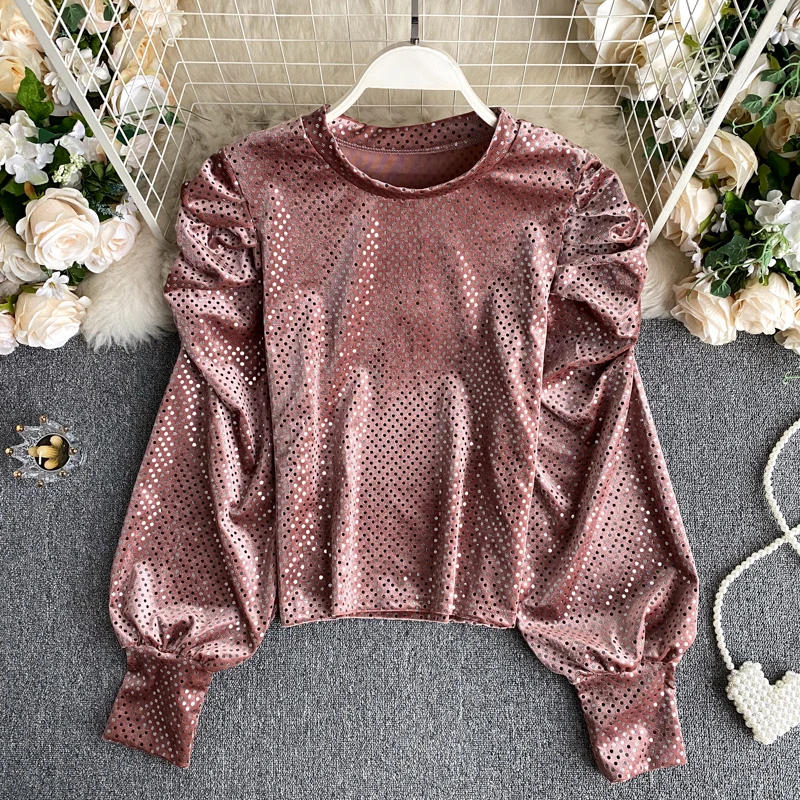 

Women's 2020 Autumn Winter New Blouse Polka Dot Bottoming Shirts Puff Sleeve Korean-Style Retro Blusa Velvet Female Tops GK516