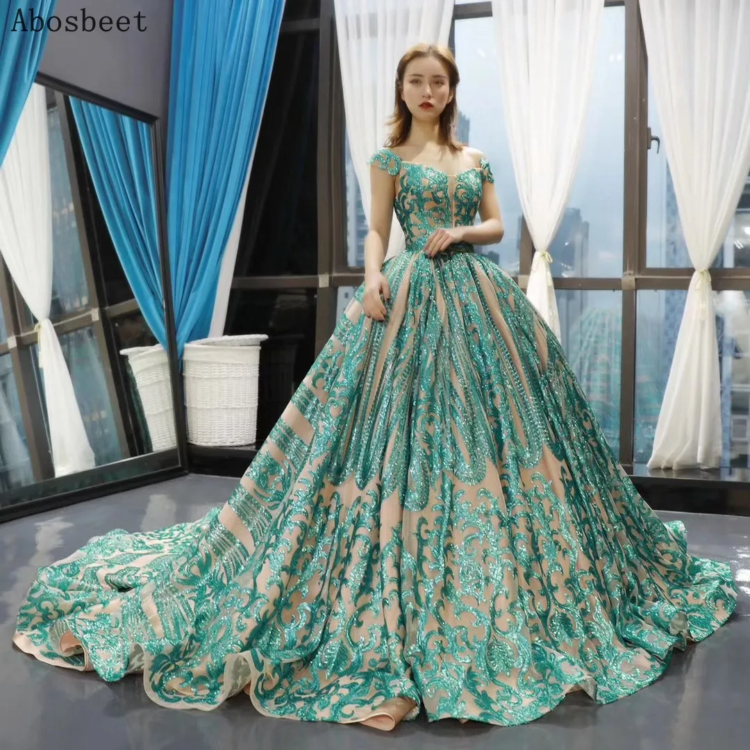 Green Sequins Lace Ball Gown Evening Dress 2021 Elegant Off Shoulder Puffy Prom Women Evening Gown Long Train Champange Lining