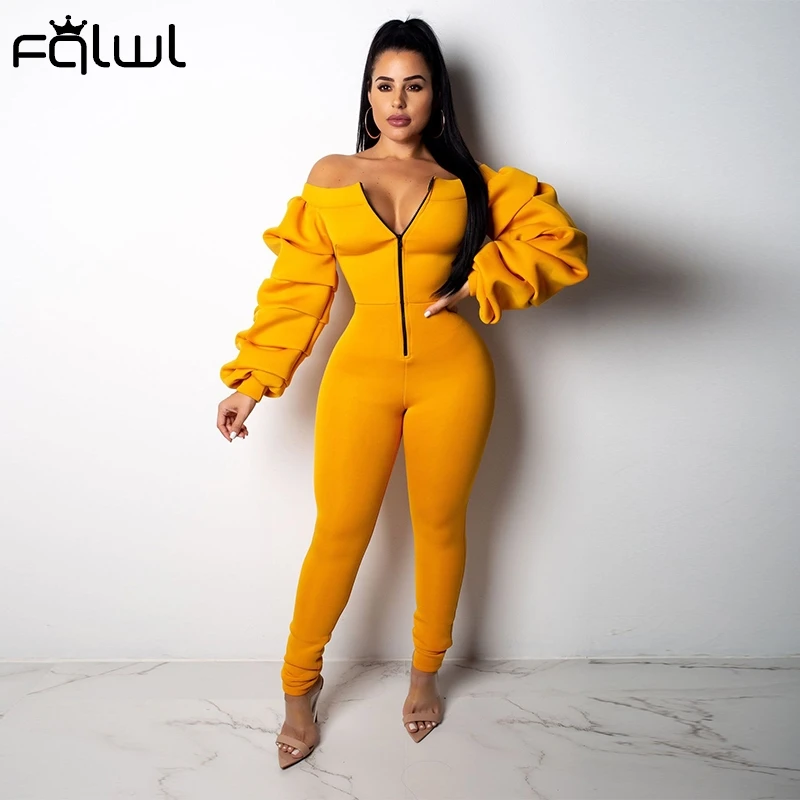 Женский комбинезон с рюшами FQLWL черный однотонный длинным рукавом-фонариком