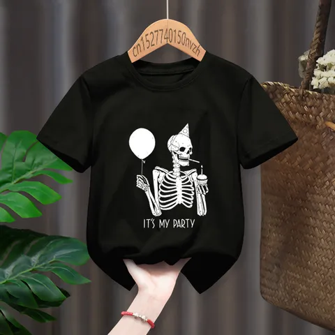 Забавные детские футболки в готическом стиле с принтом черепа в стиле панк, детский подарок для манги, Черные милые топы в стиле Харадзюку, Прямая поставка