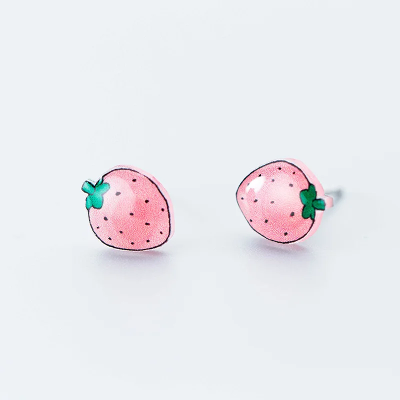 Pink ElfoPlataSi 925 Твердые Настоящее серебро сладкая клубника серьги-гвоздики для девочки-подростка друг ребенок леди ED242 - Окраска металла: Pink
