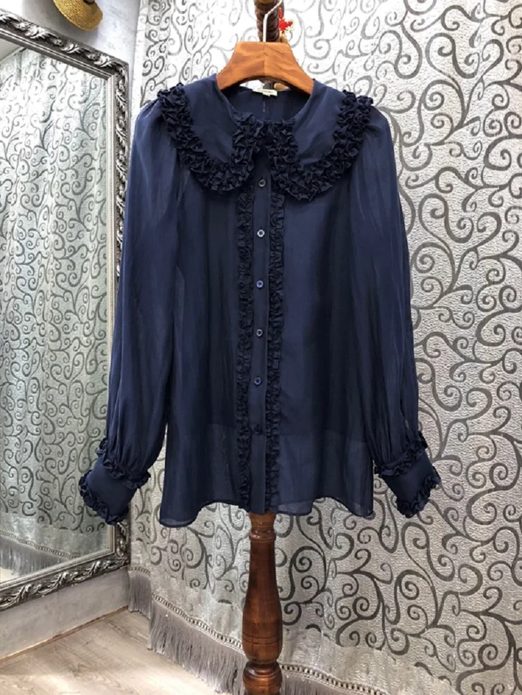 

High Quality Cotton Blouses 2020 Autumn White Blue Shirts Women Turn-down Collar Ruffle Flowers Deco Long Sleeve Sexy Shirts