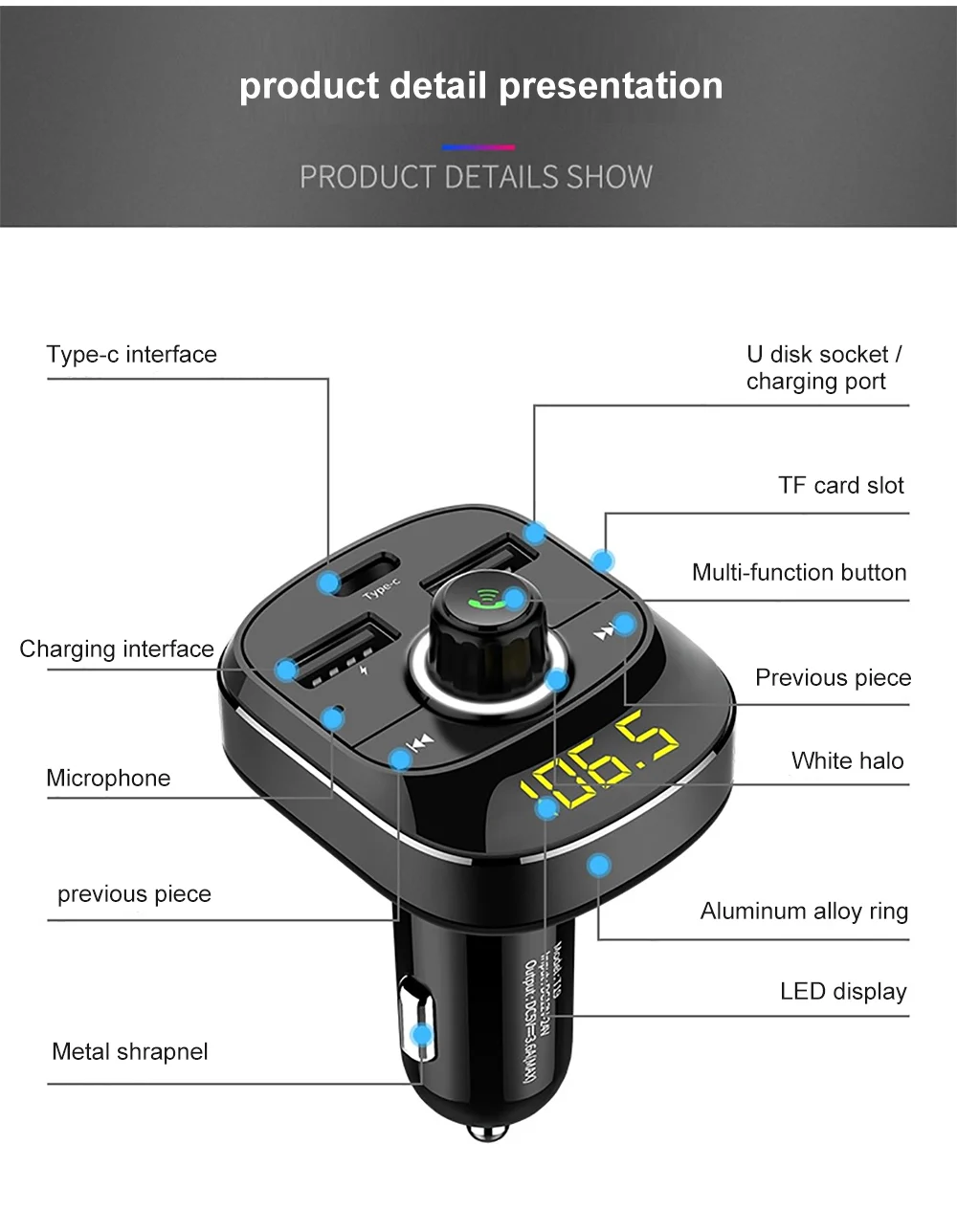 Автомобильный bluetooth-адаптер для громкой связи, автомобильный комплект, автомобильный телефон, динамик, беспроводной fm-передатчик, воспроизведение музыки, порт для зарядки type-C