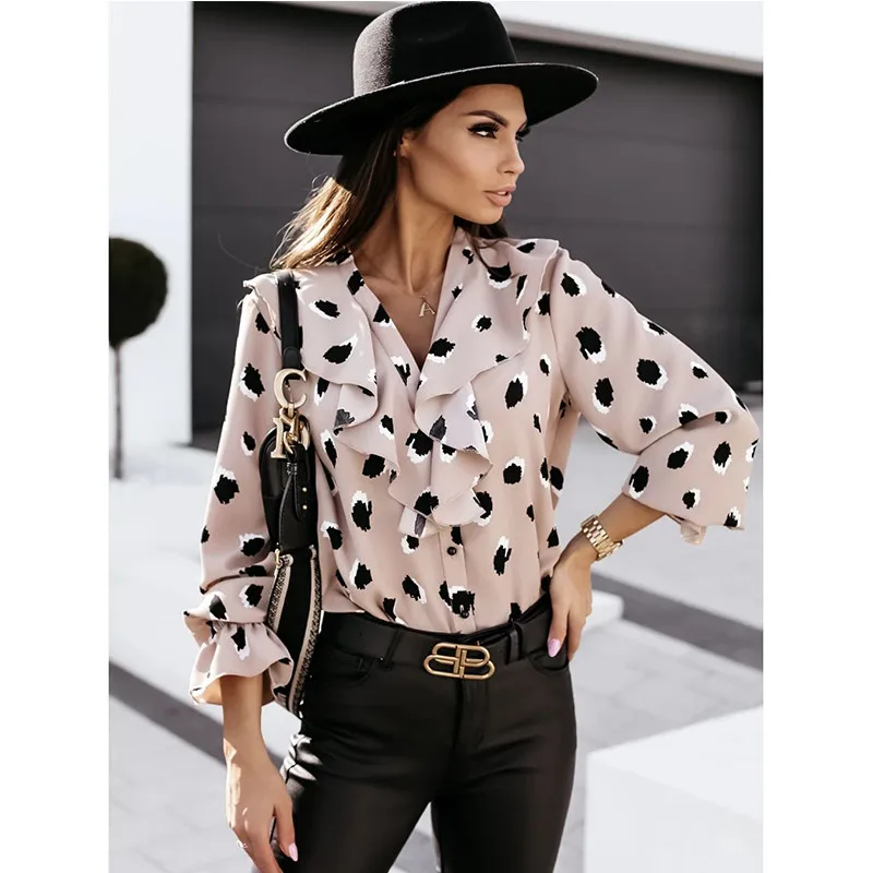 

2021 Office Work Shirt Autumn Women Leopard Print Ruffles Blouses Long Sleeve Work Shirt Lady Elegant Loose Office Blouses Tops