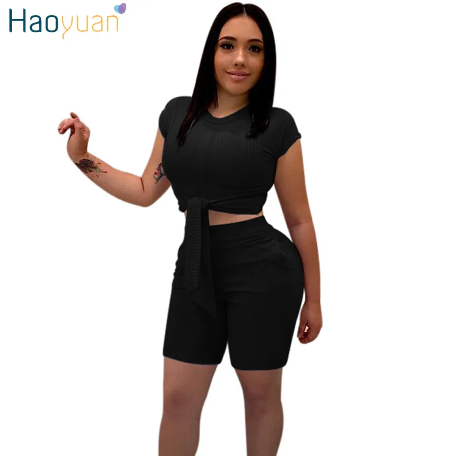 HAOYUAN комплект из 2 предметов; летняя одежда для женщин; бандажный укороченный топ и байкерские шорты; спортивный костюм; пикантные комплекты из двух предметов