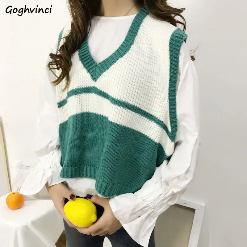 

Women Sweater Vest Autumn Patchwork V-neck Crop Top Fresh Loose Korean Fashion Leisure Womens Waistcoat Students Preppy New BF
