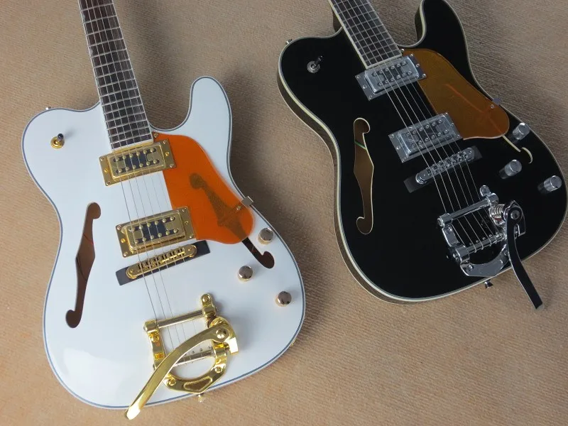 

Новая белая или черная полуполый корпус гитары Jazz электрическая гитара с Bigsby Golden Hardware или chrome прямо с завода
