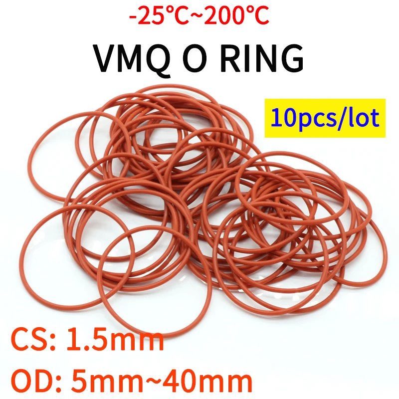 10pcs VMQ O Ring Seal Gasket Thickness CS 1.5mm OD 5 ~ 40mm Silicone Rubber Insulated Waterproof Washer Round Shape Nontoxi Red |