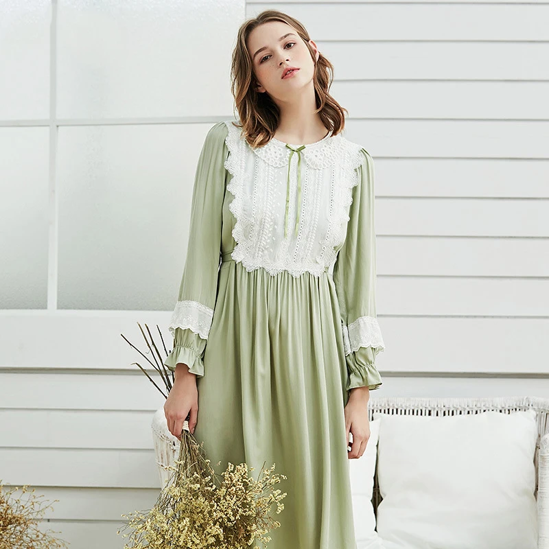 Pajamas Women Autumn Cotton Silk Green CutePalace Retro Long Sleeve Nightdress Mid-length Home Service