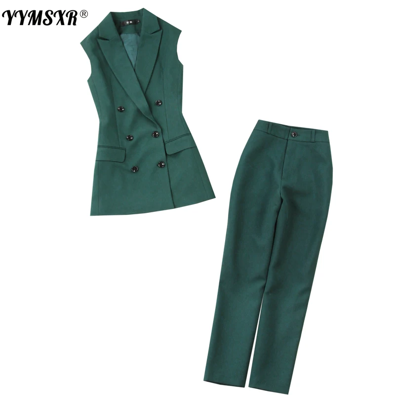 

2020 New Spring and Autumn Women's Suit Pants Suits Vest Two-piece Suit Stylish Mid-length Green Blazer Slim-fit Slacks