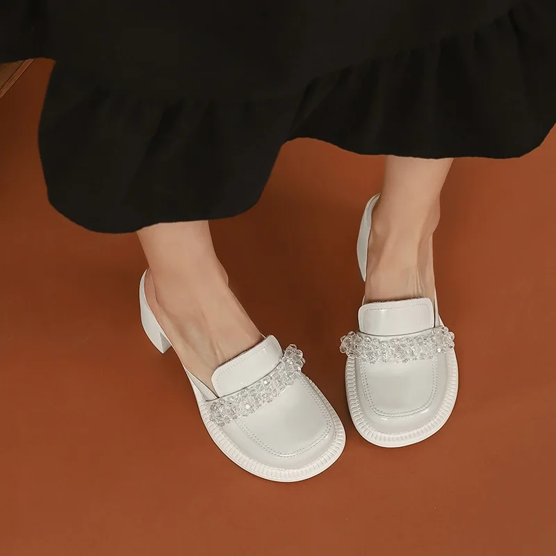 

new brand designer pumps patent leather crystal spring summer sandals female casual round toe high heels women dress shoes mules