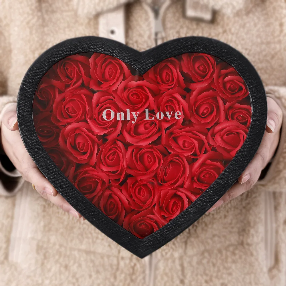 Caja de regalo de flores de jab&oacute;n de terciopelo en forma de coraz&oacute;n, embalaje a mano de rosas que nunca se decoloran, regalos de boda, decoraci&oacute;n de San Valent&iacute;n-2