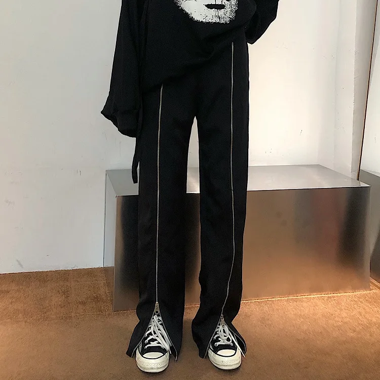 

High Waist Loose Trousers Female Black Autumn Winter 2021 New Double Zipper Wild Casual Pants Straight Farmer's Trousers