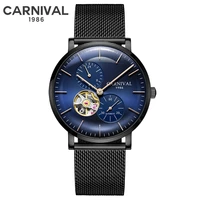 carnival automatic mechanical mens watch sapphire crystal retro watch skeleton stainless steel mesh strap waterproof watch 8024