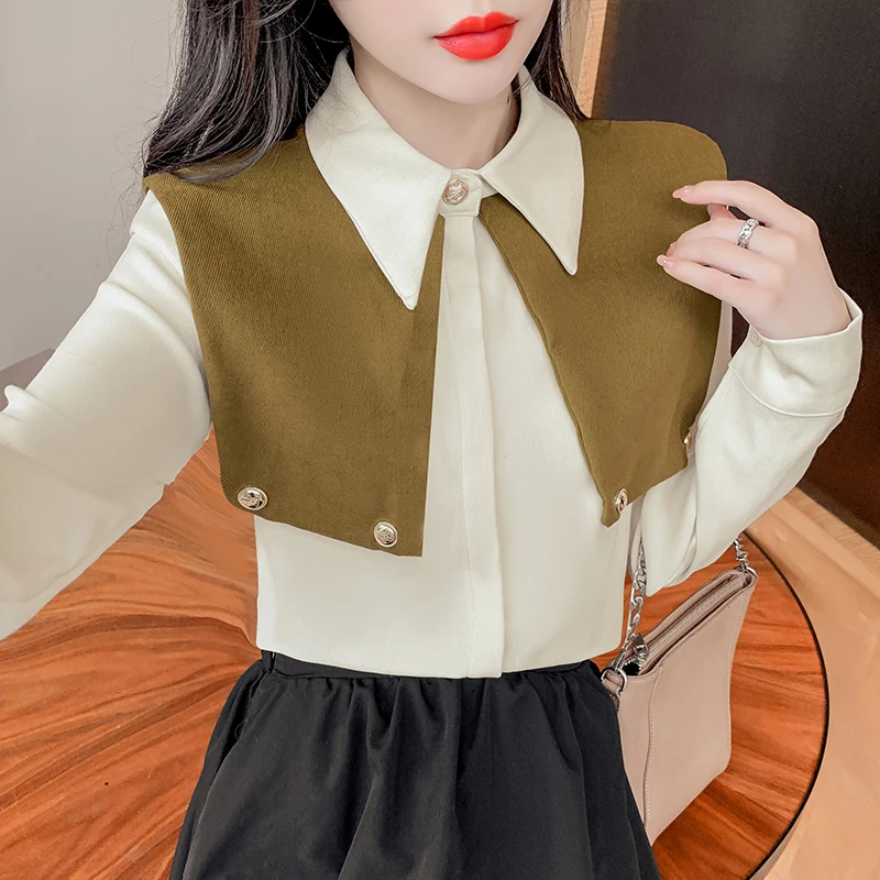 

Corduroy Women's Blouse Stitching Polo Girl's Shirt Spring Autumn Casual Fashion Long Sleeve Top Clothing Lady Blusas Houthion