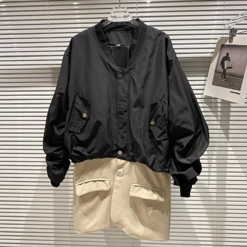 

Fashion Show Flight Jacket Splicing Design Fake Two-piece Coat 2021 Autumn New Outwear