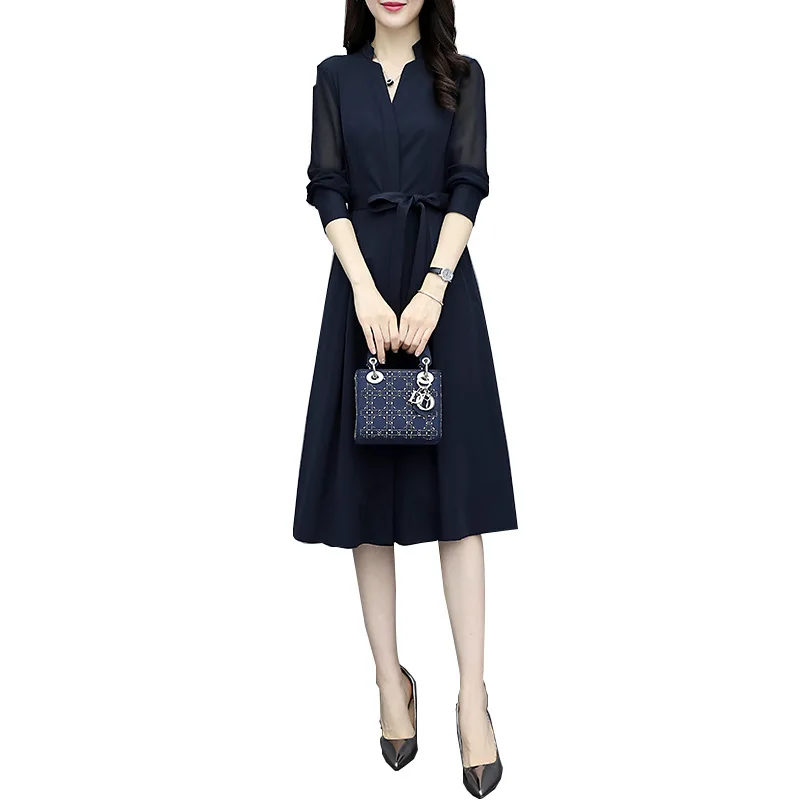 

Young Style Expandable Chiffon Dress Fashion Temperament Ol Professional Base A- line Dress Summer Hepburn Blouse and Skirt