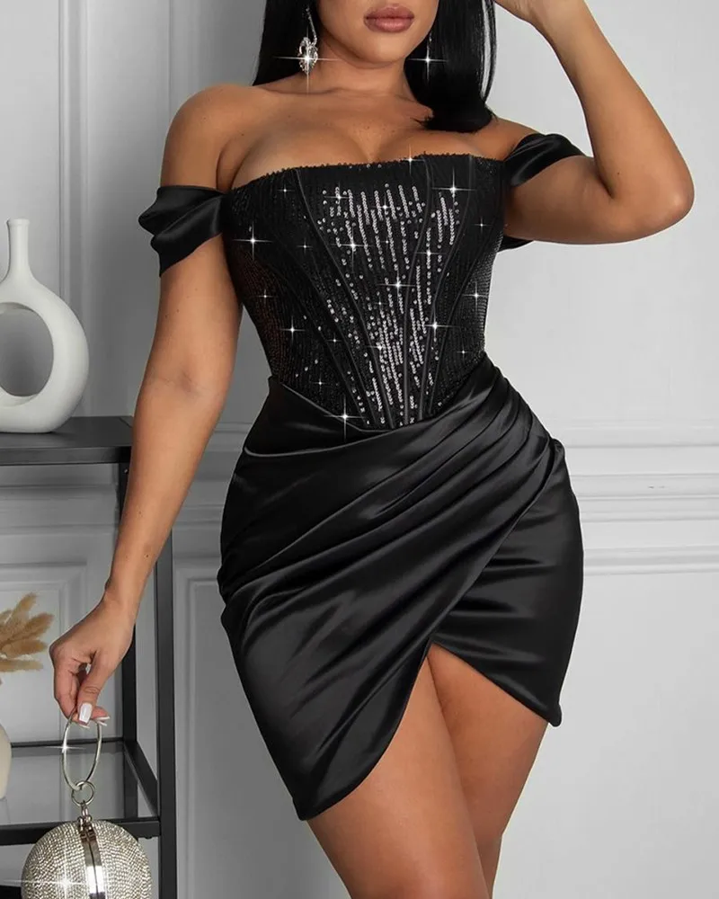 

Elegant Dresses for Women Fashion Sequins Patch Ruched Slit Skinny Party Club Dress 2021 Summer