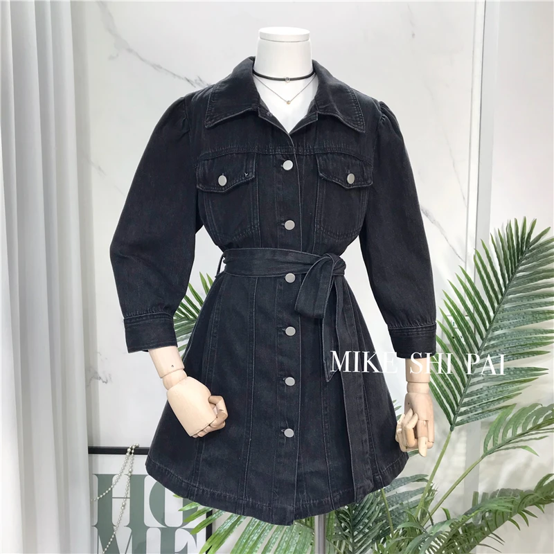 

Summer New Solid Color Loose Waist-slimming Denim Dress Women Three-Quarter Sleeve Mini Dress with Sash