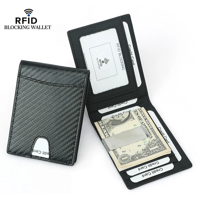 

RFID Blocking Protection Card Holder Short Wallet Men's Genuine Leather Purse Carbon Fiber Male Wallets Money Clip 2020 Black