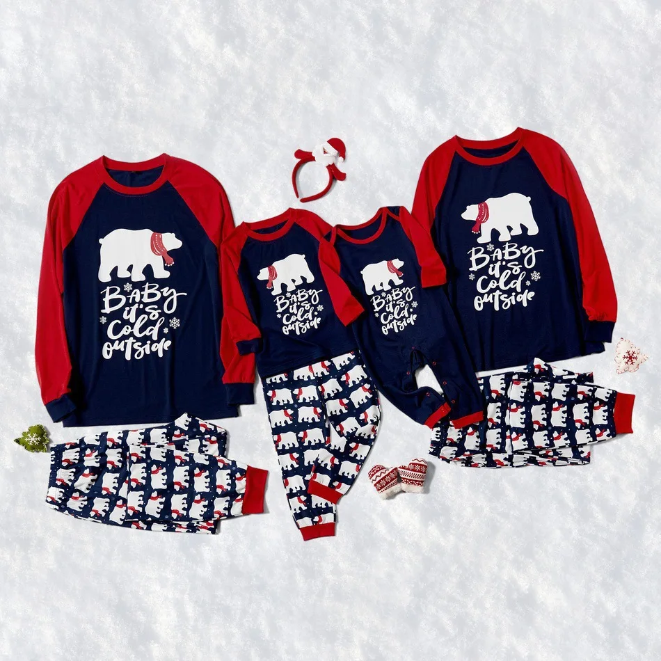 

QSROCIO Pajamas Set Merry Christmas Cute Polar Bear Print Sleepwear Parent-Child Homewear Family Costume Casual Home Suit
