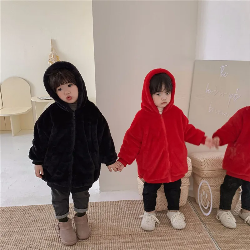 

Girls Boys Baby's Coat Jacket Outwear Black Fuzzy Fur Thicken Winter Plus Velvet Warm Tracksuit Fleece Children's Clothing