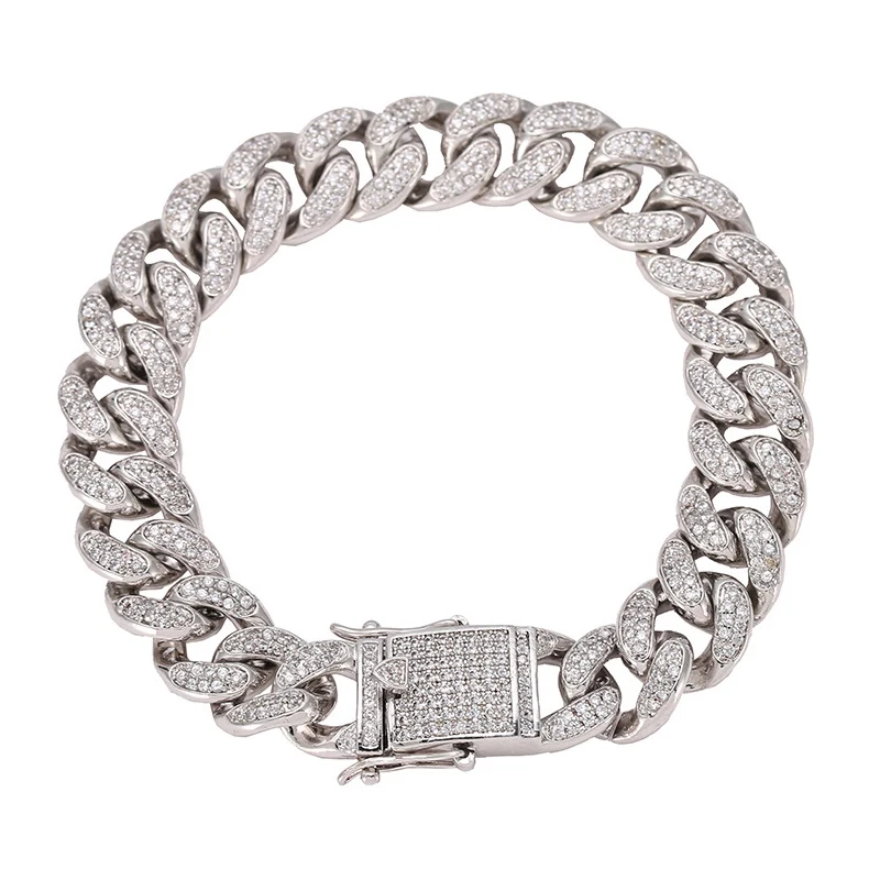 

12mm 7-9" Hip Hop Full AAA CZ Stone Bling Iced Out Miami Curb Cuban Link Chain Bracelets for Men Rapper Jewelry Gold Color