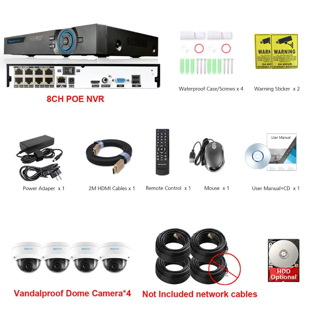 4 Camera No Cables TOPROHOIME H.265+ 8CH POE NVR комплект 48 В 2MP 1080P VandalProof аудио запись звук камеры безопасности 2MP камера ночного видения - Цвет: 4 Camera No Cables