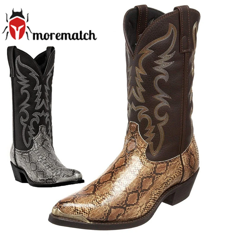 

Мужские зимние ботинки до середины икры, ковбойские ботинки без шнуровки из змеиной кожи, Мужская Уличная обувь с острым носком