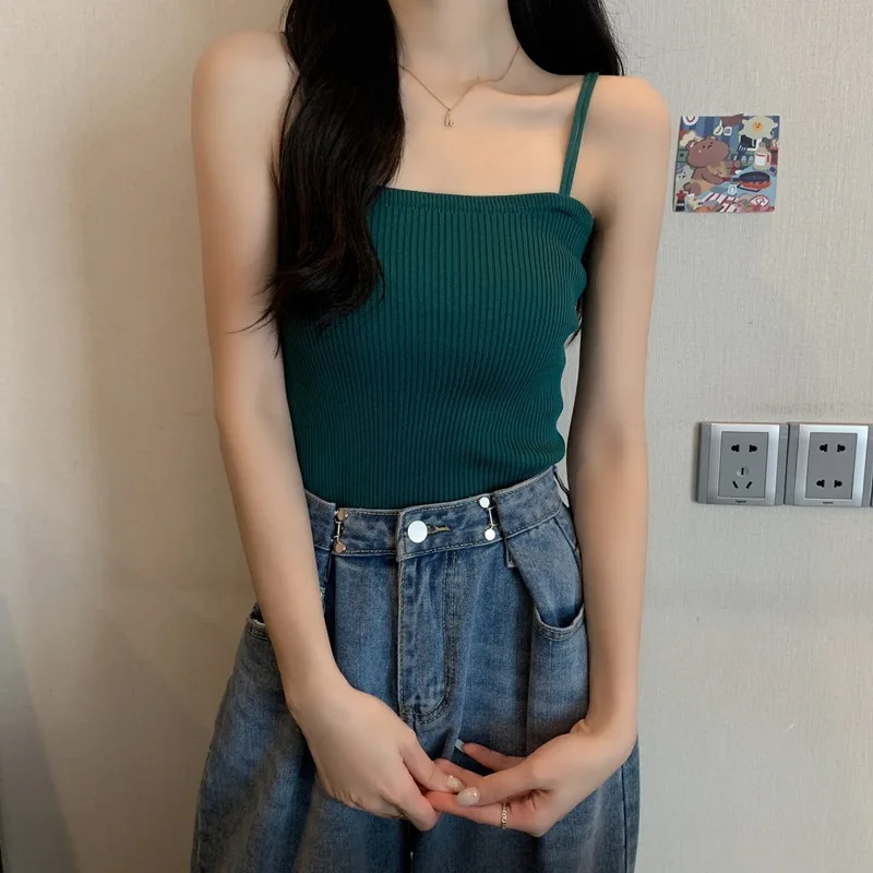 

2021 New Women Sexy Tank Top Vest Off Shoulder Halter Sexy Thin Double Straps Knitted Camisole Women's T-shirt with Straps