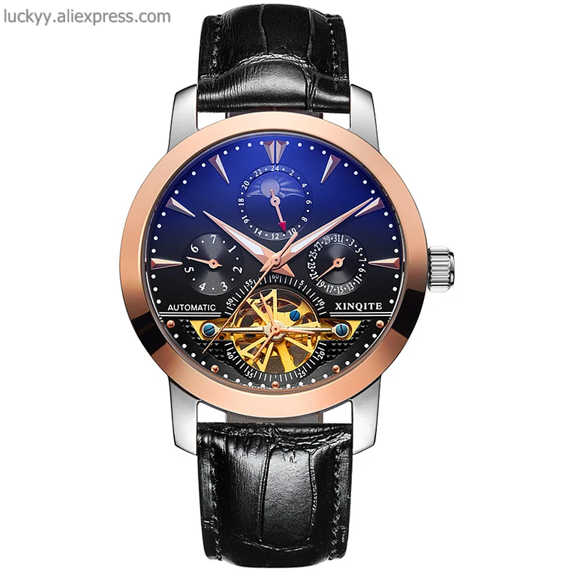 New Tourbillon mechanical mens watch calendar and 24hours automatic male watch leather strap butterfly clasp clock A205