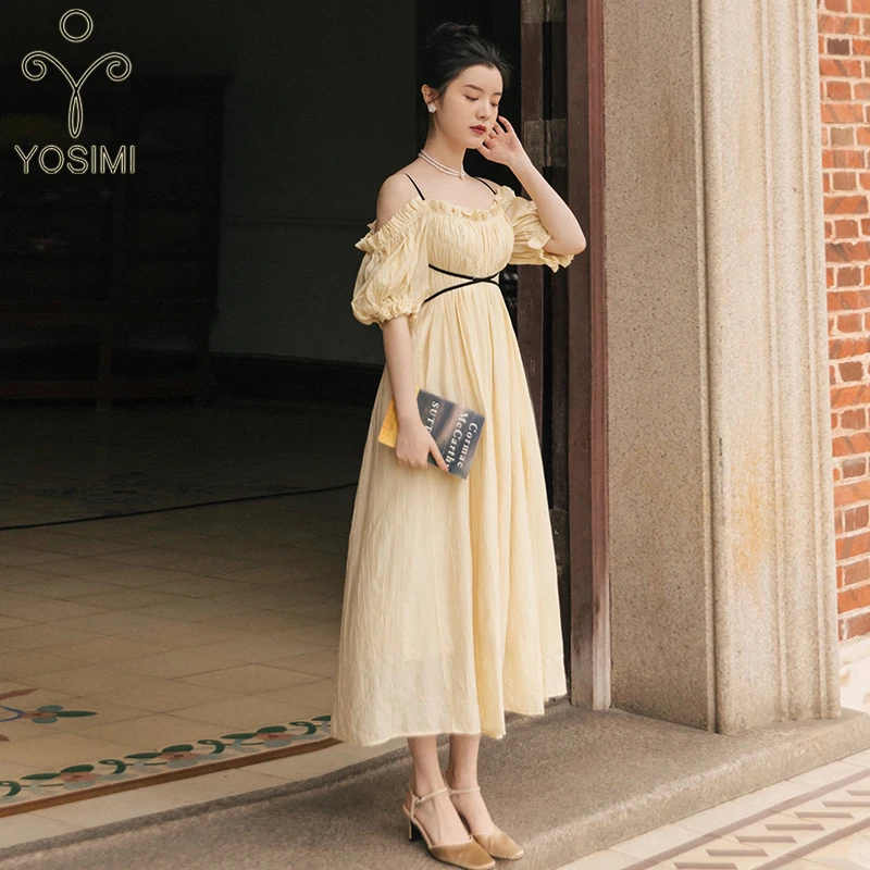 

YOSIMI 2021 Summer Long Women Dress Elegant Cotton Short Sleeve Slash Neck Off The Shoulder Mid-calf Evening Party Bandage Dress