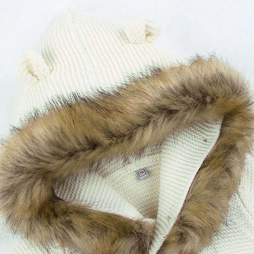 Зимнее теплое вязаное пальто с капюшоном для новорожденных мальчиков и девочек