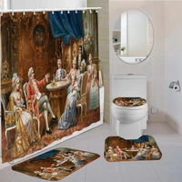 34 pieces europe artistic shower curtains sets angel oil painting carpet gift kids toilet mat 3d print ancient art bathroom set