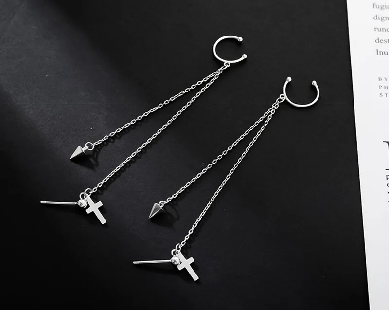 Серьги-подвески с серебряным крестом и длинной цепочкой, 925, Индивидуальные женские серьги в стиле хип-хоп с кисточками и Шило, серьги на застежке, модные ювелирные изделия